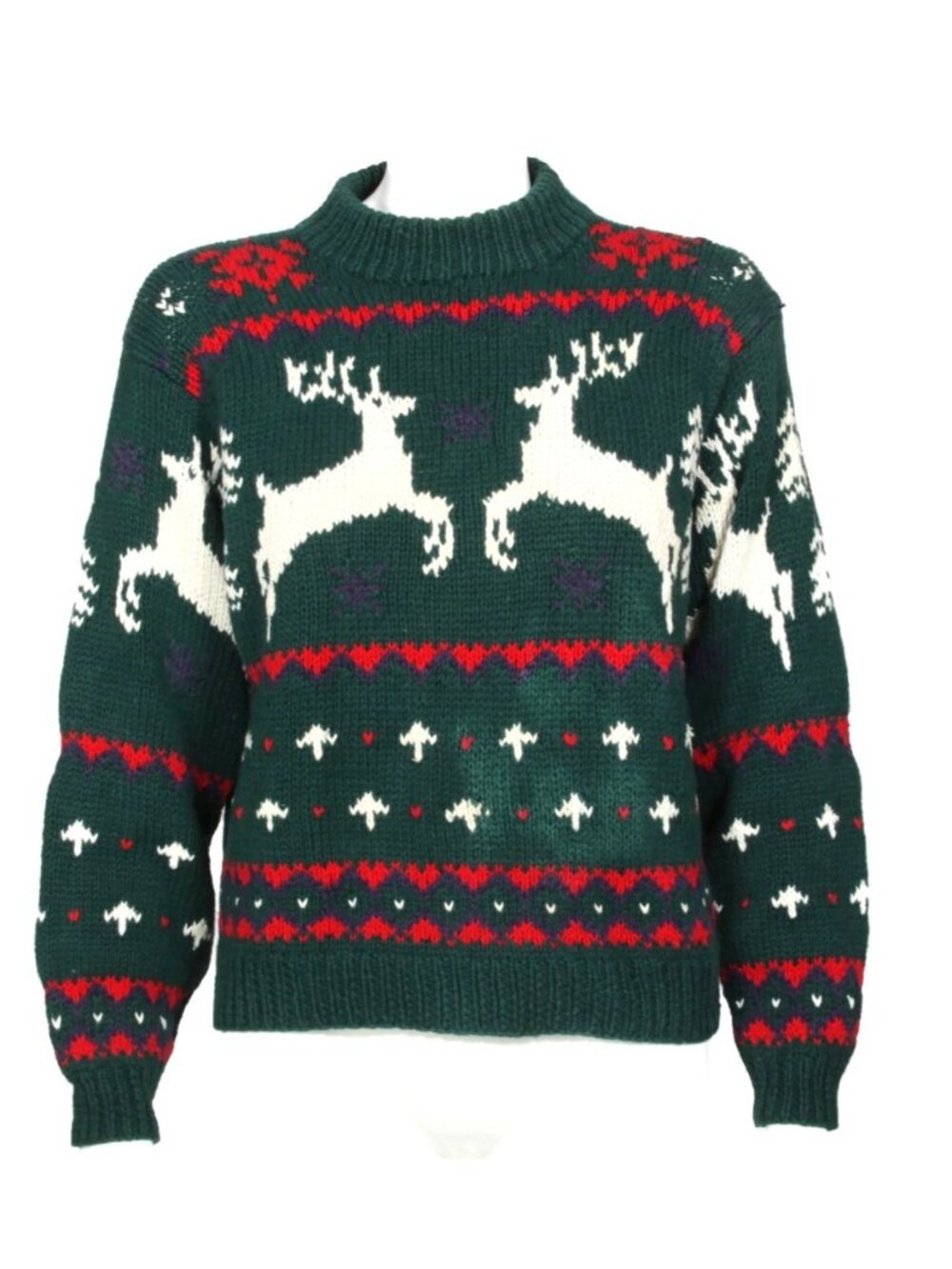 NORDSTROM Point of View Christmas Reindeer Green Cotton Sweater Womens sz P /363